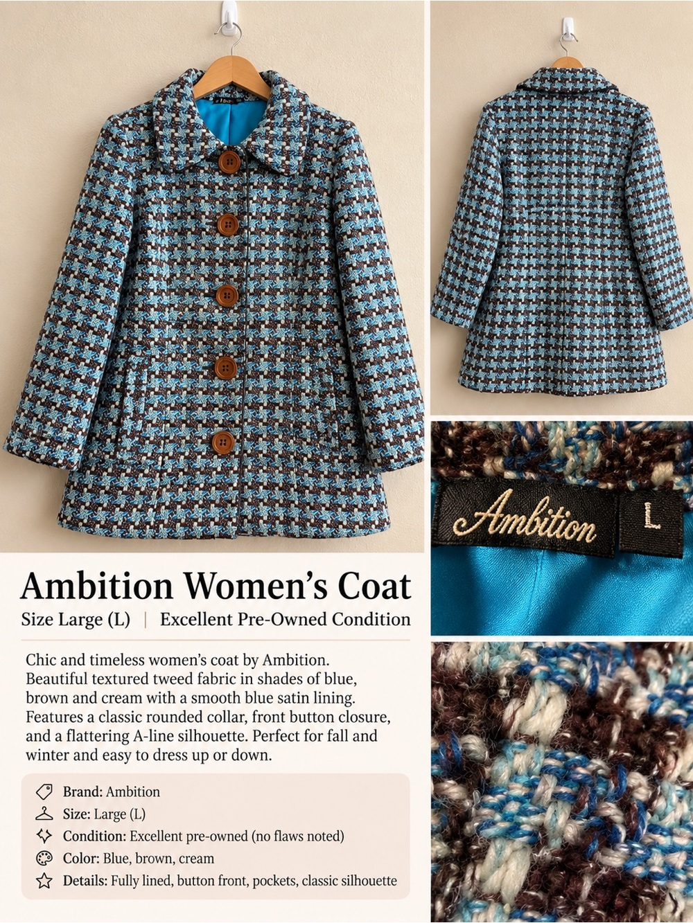 Ambition Tweed A-Line Coat in Blue, Brown & Cream